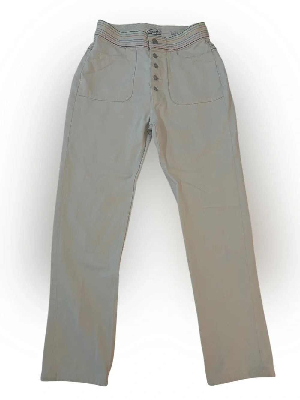 Re/Done High-Waist Button Front Pants with Rainbow Waistband 27